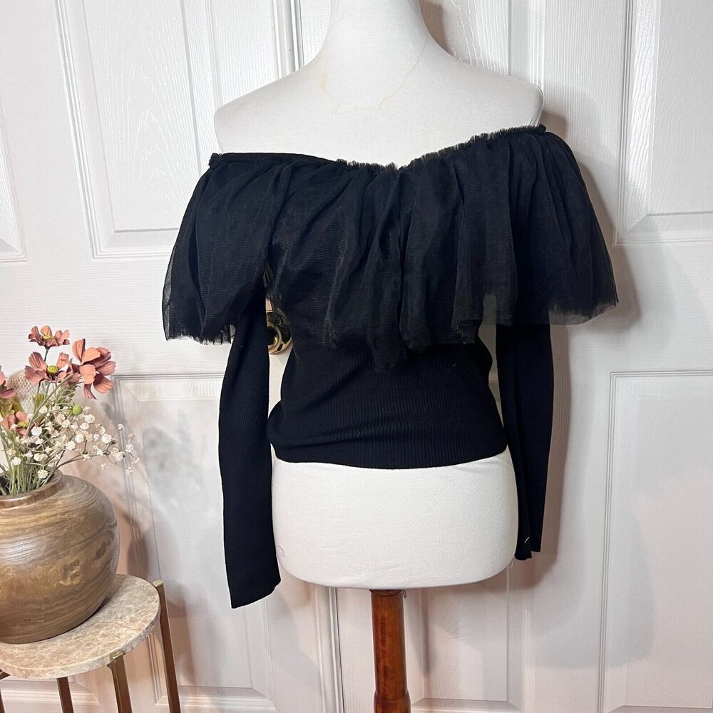 Endless Rose Knit Puffy Chiffon Top Sz S Goth Holiday Ruffle Chic Black Witch